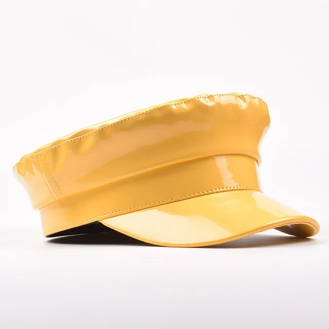 Solid Color Patent Leather Flat Top Navy Hat Yellow - Shop at LoveMi
