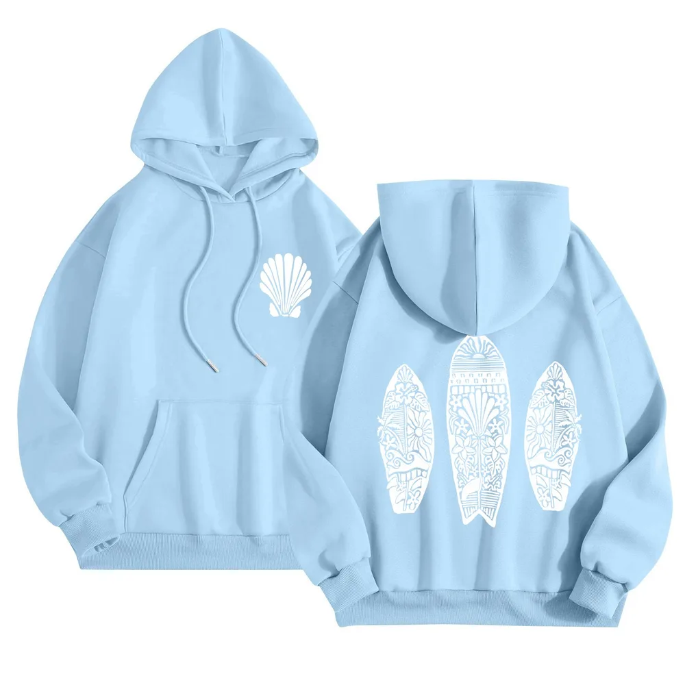 Simple Floral Letter Printing Drop-shoulder Sleeve Ladies Hoodie - Light Blue 311 - View 1
