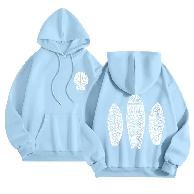 Simple Floral Letter Printing Drop shoulder Sleeve Ladies Hoodie Light Blue 311 - Shop at LoveMi