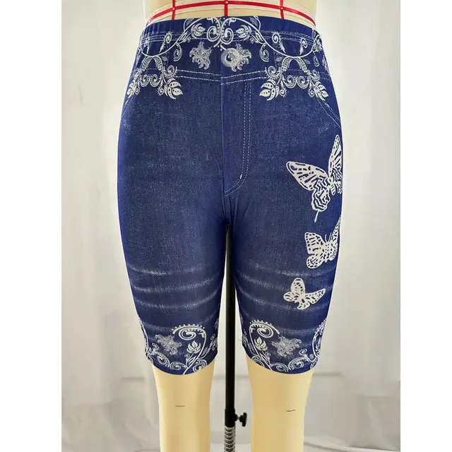 Printed Denim Butterfly Sports Leggings Dark Blue - Shop at LoveMi