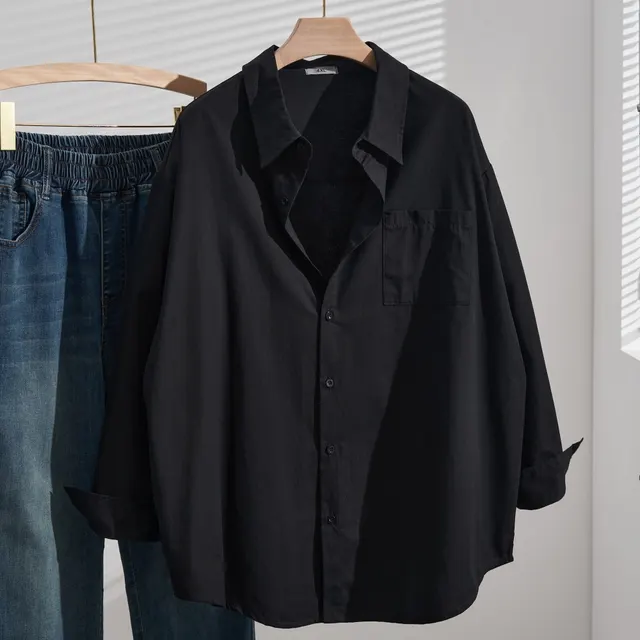 Plus Size Cotton Casual Shirt Loose Slimming Thin Long Sleeve Black - Shop at LoveMi