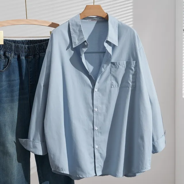 Plus Size Cotton Casual Shirt Loose Slimming Thin Long Sleeve Blue - Shop at LoveMi