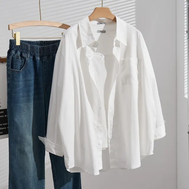 Plus Size Cotton Casual Shirt Loose Slimming Thin Long Sleeve White - Shop at LoveMi