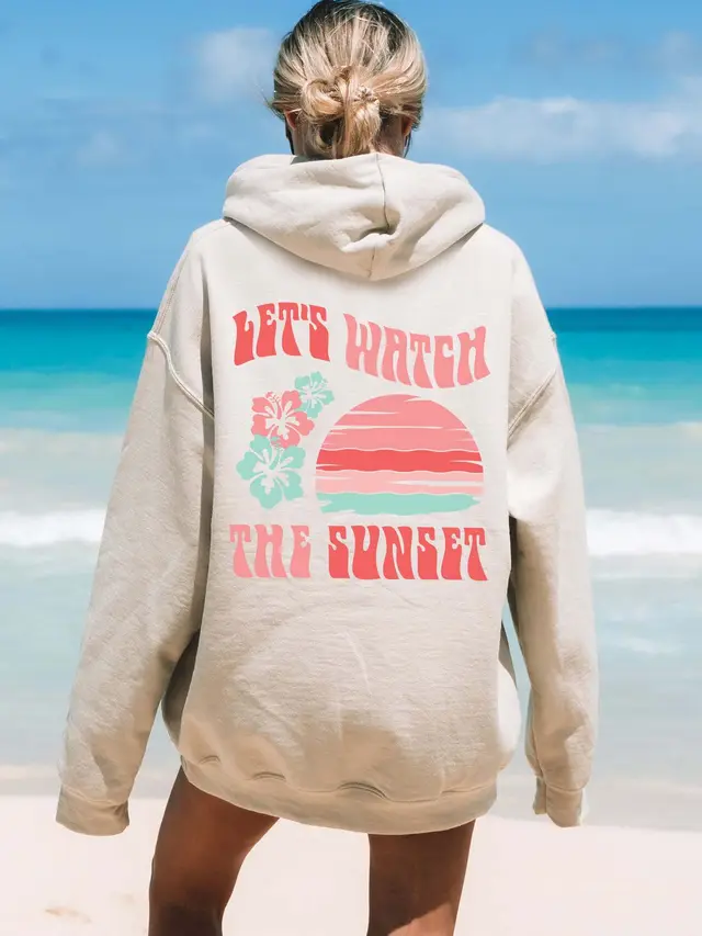 Women's Fashion Chasing Sunset Print Oversized Hoodie 3 Apricot Fleece - Shop at LoveMi