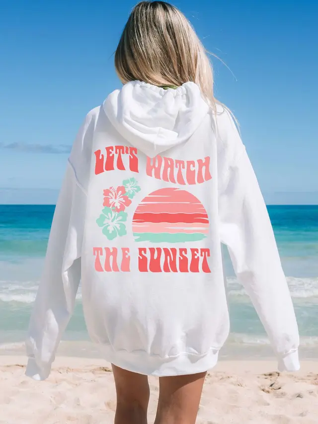 Women's Fashion Chasing Sunset Print Oversized Hoodie 3 White Fleece - Shop at LoveMi
