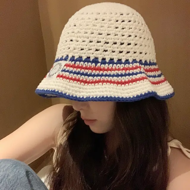 Striped Bucket Hat Women's Hollow Breathable Small Bucket Cap White - Shop at LoveMi