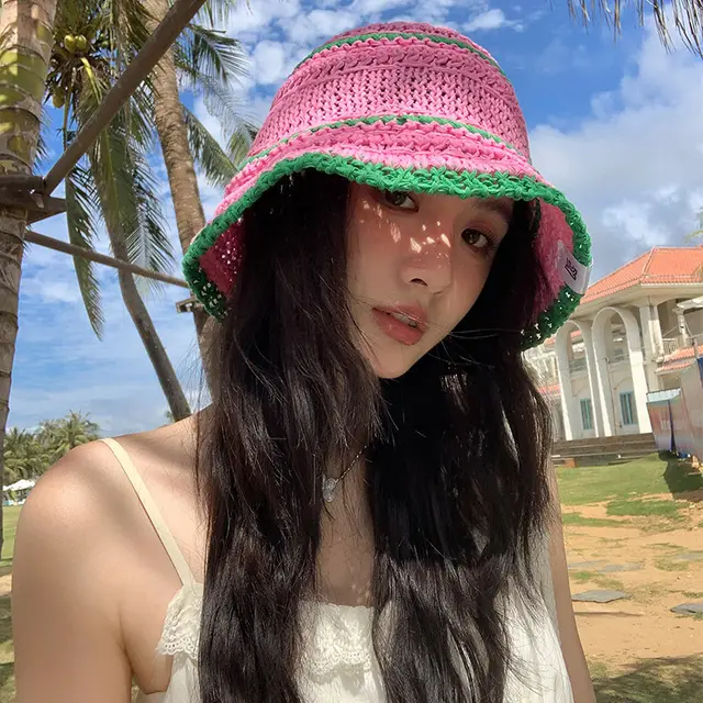 Color Matching Sweet Woven Straw Hat Female Beach Sun proof Breathable Bucket Hat Rose Red - Shop at LoveMi