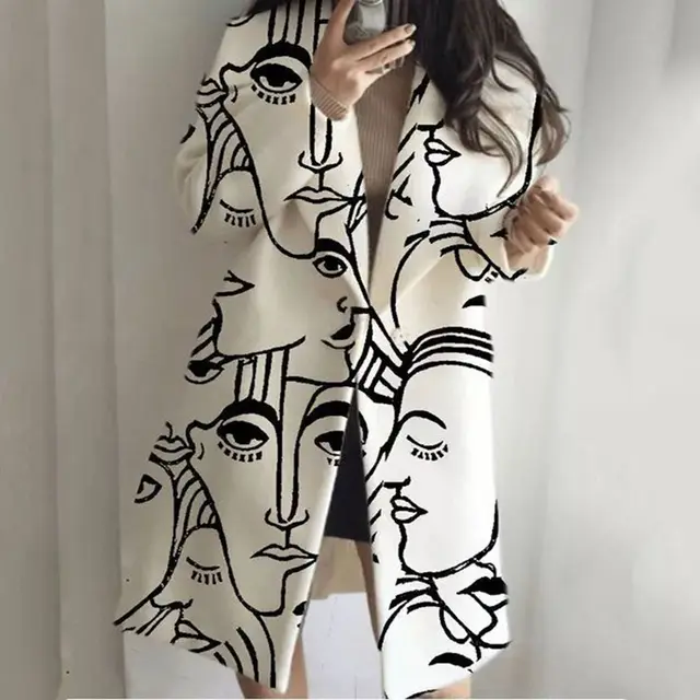 Women's Color Matching Plaid Long sleeved Coat White Abstract - Shop at LoveMi