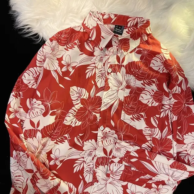 Pu Shuai Japanese style Retro Style Printed Shirt Long Sleeve 33008 Red - Shop at LoveMi
