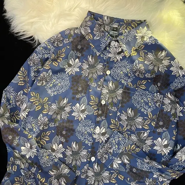 Pu Shuai Japanese style Retro Style Printed Shirt Long Sleeve 33015 Blue - Shop at LoveMi