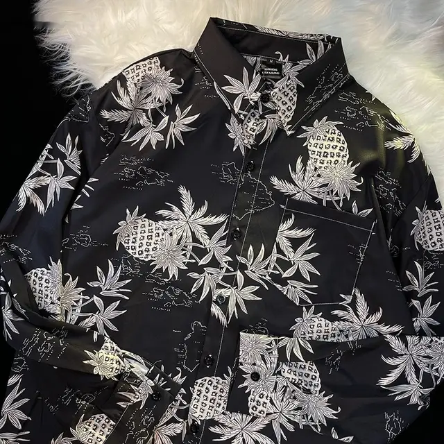Pu Shuai Japanese style Retro Style Printed Shirt Long Sleeve 33017 Black - Shop at LoveMi
