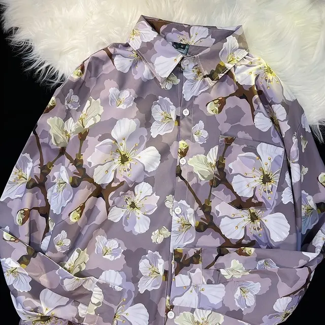 Style Printed Shirt Men's And Women's Loose Long Sleeves 33028 Purple - Shop at LoveMi
