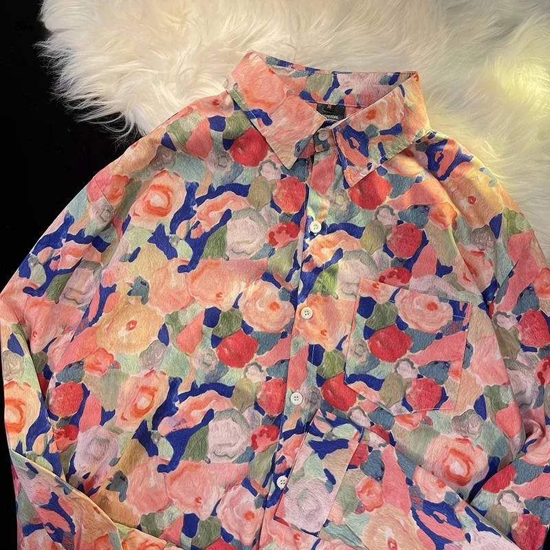Style Printed Shirt Men's And Women's Loose Long Sleeves - 33036 Pink