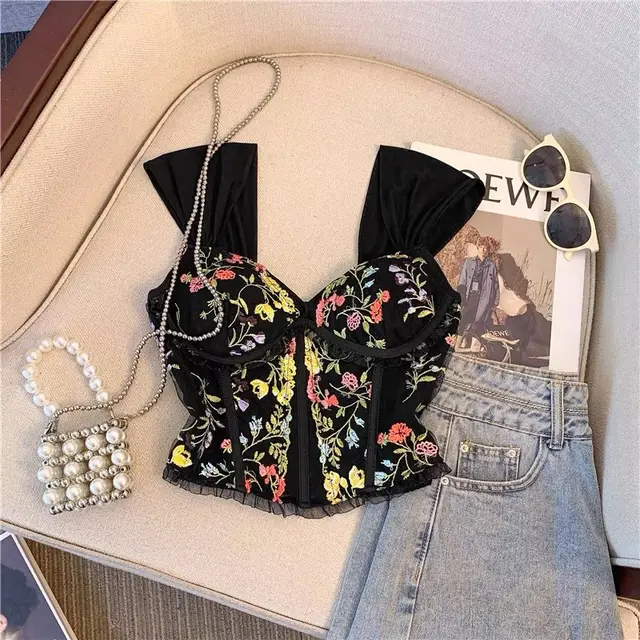 Embroidered Lace Sling Beautiful Back With Chest Pad Fishbone Short Vest Black - Shop at LoveMi
