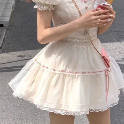 Female Sweet Square Collar Short Sleeve Top And Skirt Suit Girl Pink Skirt - Shop at LoveMi