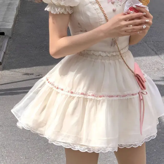 Female Sweet Square Collar Short Sleeve Top And Skirt Suit Girl Pink Skirt - Shop at LoveMi