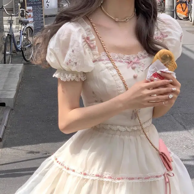 Female Sweet Square Collar Short Sleeve Top And Skirt Suit Girl Pink Top - Shop at LoveMi