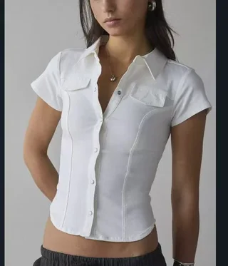 Retro Pleated Waist Tight Design Short-sleeved Shirt Top Women's Clothing - White