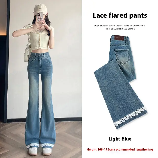 Lace Denim Bell Bottom Pants For Women 829 Light Blue Lengthened - Shop at LoveMi