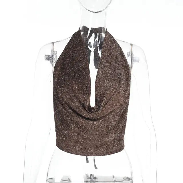 Women's Pure Color Halter Silver Silk Pockets Collar Top Brown - Shop at LoveMi