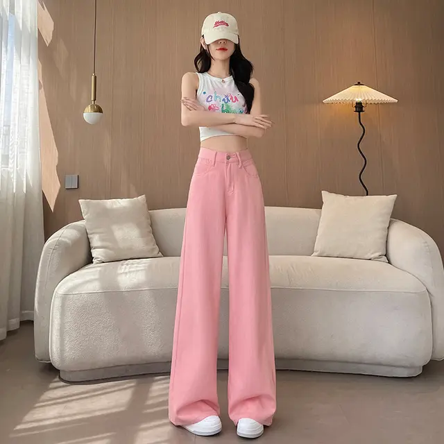 Women's High Waist Dopamine Retro High Street Wide Leg Trousers Pink Trousers - Shop at LoveMi