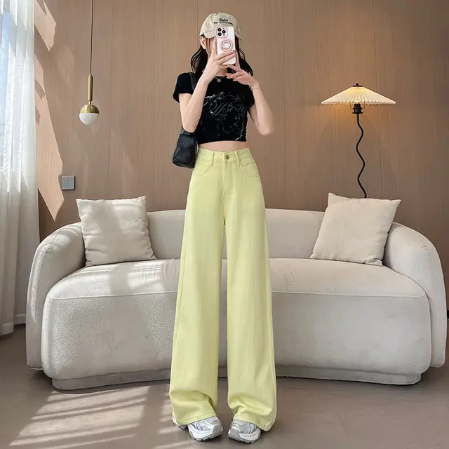 Women's High Waist Dopamine Retro High Street Wide Leg Trousers Yellow Lengthened - Shop at LoveMi