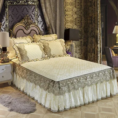 Korean Style Velvet Quilted Bed Skirt Solid Color European Style Beige - Shop at LoveMi