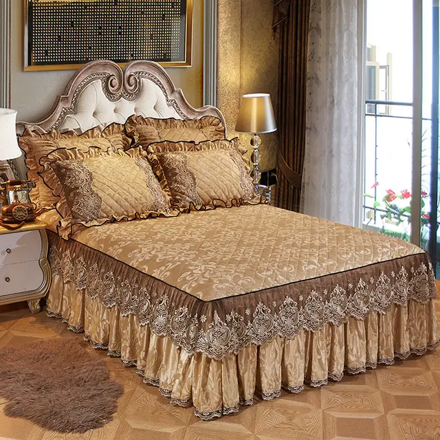 Korean Style Velvet Quilted Bed Skirt Solid Color European Style Camel - Shop at LoveMi