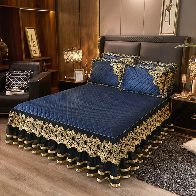 Lace Quilted Rhinestone Velvet Bed Skirt Protective Sleeve Sapphire Blue - Shop at LoveMi