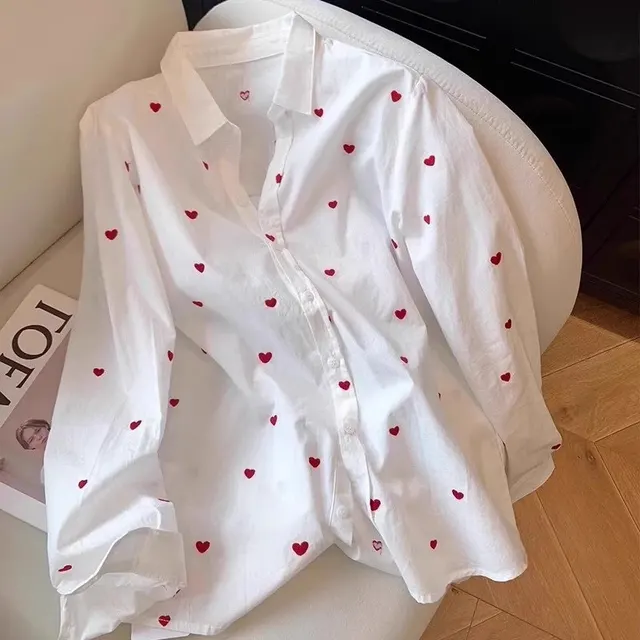 Love Full Print Lapel Long Sleeve Shirt Women White Long Sleeve Top - Shop at LoveMi
