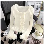 Women's Lace Patchwork Black Fungus Edge Knitted Cardigan Jacket - White