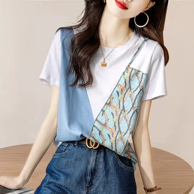 Printed Elegant Stitching Exquisite Commute Minimalist Temperament Crew Neck Short Sleeve - Shop at LoveMi