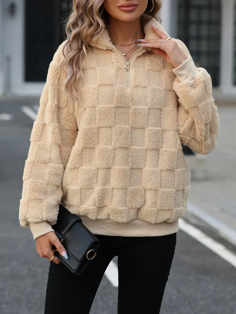 Women's Half Zipped Stand Collar Loose Plaid Plush Pullover Sweater Tan - Shop at LoveMi
