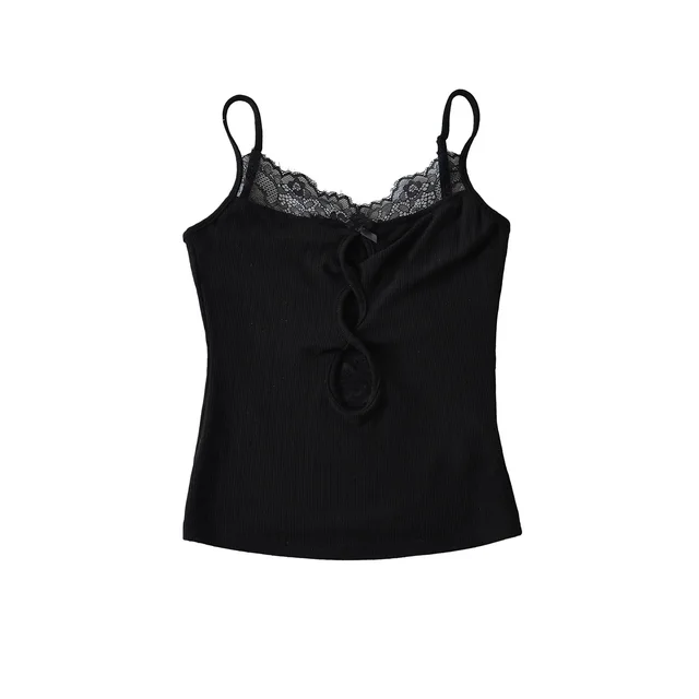 Casual Lace Stitching Twist Short Small Sling Vest Black - Shop at LoveMi