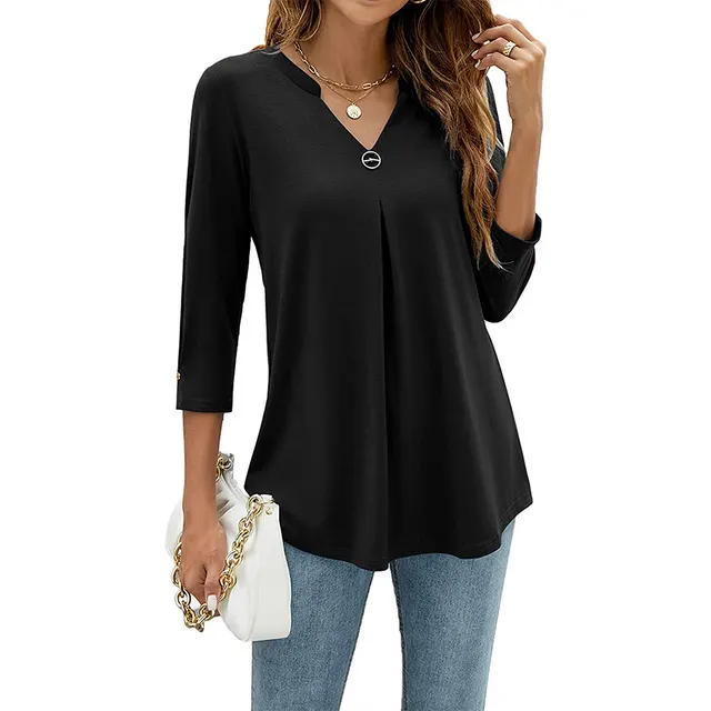 Casual And Comfortable Solid Color And V neck Clinch Loose Three quarter length sleeved T shirt Top For Women Black - Shop at LoveMi
