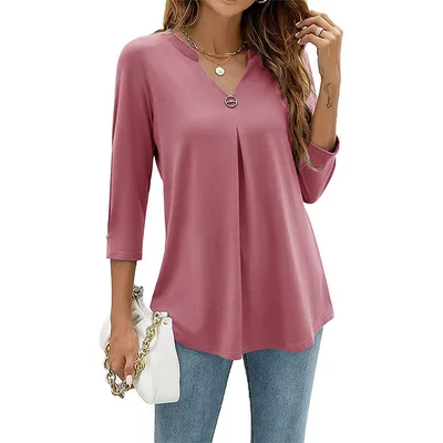 Casual And Comfortable Solid Color And V neck Clinch Loose Three quarter length sleeved T shirt Top For Women Pink - Shop at LoveMi