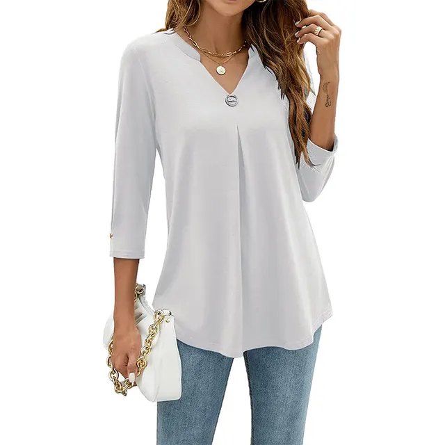 Casual And Comfortable Solid Color And V neck Clinch Loose Three quarter length sleeved T shirt Top For Women White - Shop at LoveMi