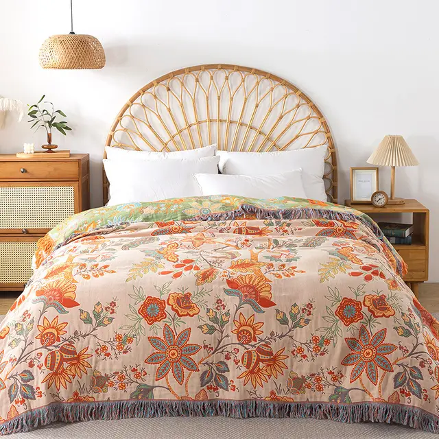 Flower Cotton Tassel Double sided Sofa Towel Towel Blanket Orange - Shop at LoveMi