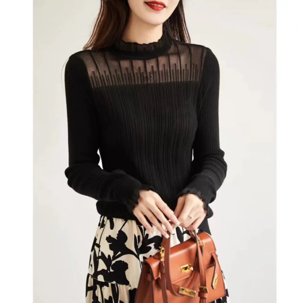 French Chic Small Top Lace Bottoming Shirt For Women - Black