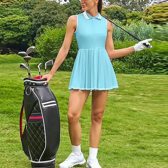 Contrast Color Polo Collar Tennis Golf Dress Half Zipper Pleated Fitness Exercise Skirt Light Blue - Shop at LoveMi