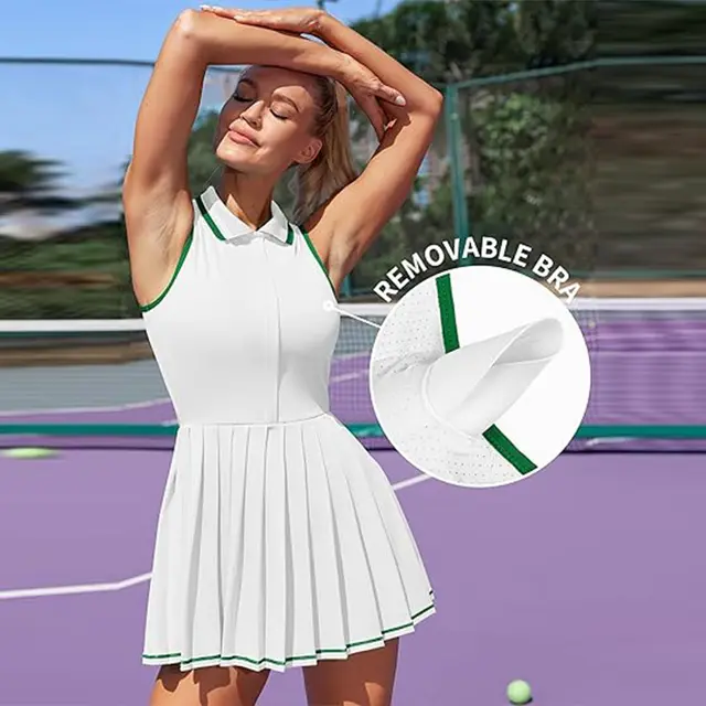 Contrast Color Polo Collar Tennis Golf Dress Half Zipper Pleated Fitness Exercise Skirt White - Shop at LoveMi