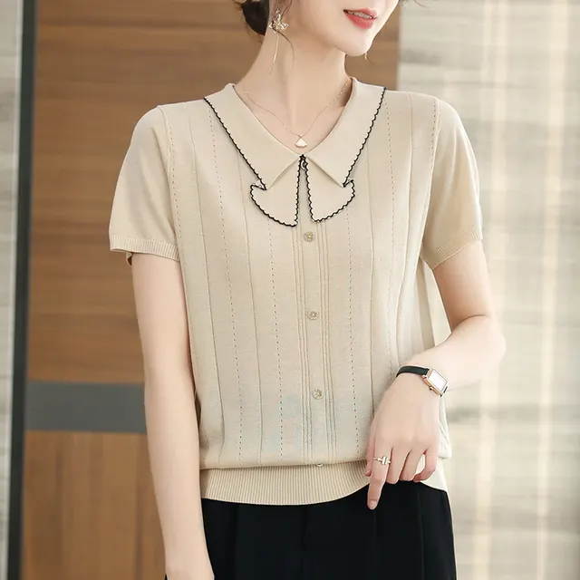 Doll Collar Carven Design Breasted Short sleeved Sweater Top Apricot - Shop at LoveMi