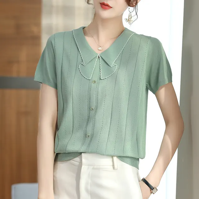 Doll Collar Carven Design Breasted Short sleeved Sweater Top Light Green - Shop at LoveMi