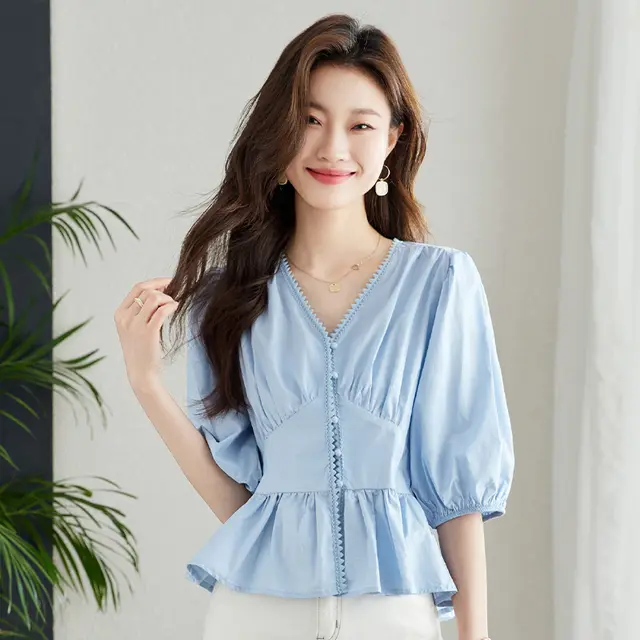 Short sleeved Shirt Women's Summer Top Niche V neck Blue 32219 - Shop at LoveMi