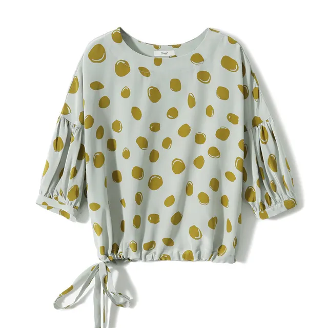 Elegant Retro Romantic Bubble Print Lantern Sleeve Shirt Top Gray Green Bottom Polka Dot - Shop at LoveMi