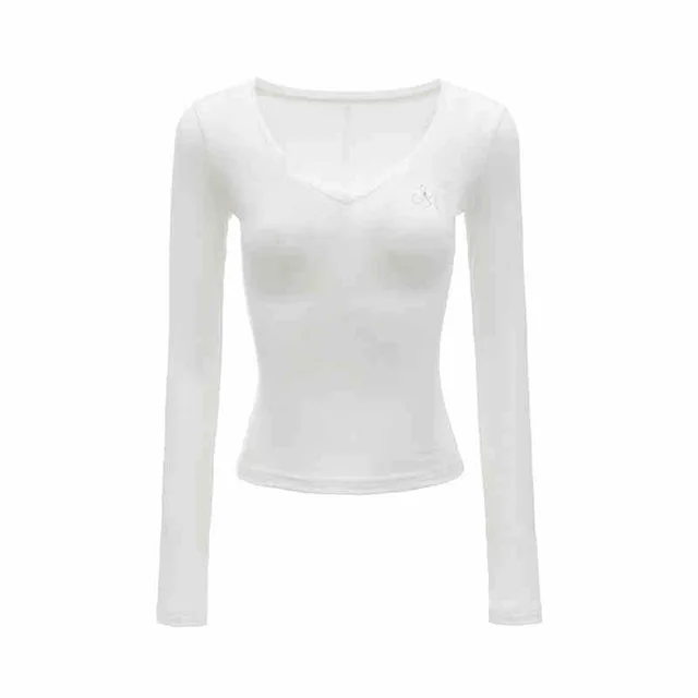 Knitted Rhinestone V neck Bottoming Shirt Slim Fit Slimming Long Sleeves T shirt Pink - Shop at LoveMi