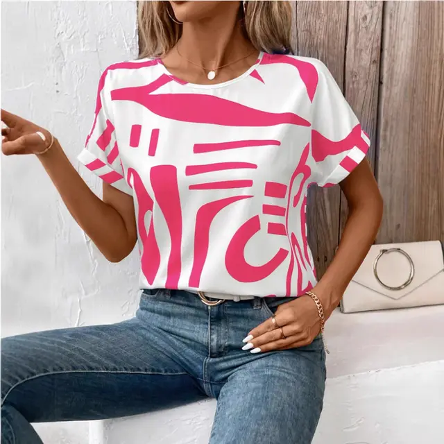 Batwing Sleeve Round Neck Geometric Printed Shirt For Women Pink - Shop at LoveMi