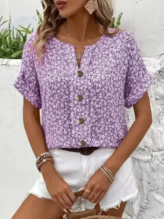 Casual V-neck Short Sleeve Printed Loose Shirt - Jm74