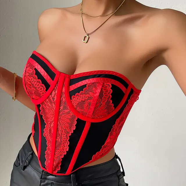 Low cut Color Matching Wrapped Chest Lace Steel Ring Fishbone Top Black And Red - Shop at LoveMi