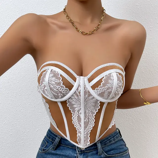 Low cut Color Matching Wrapped Chest Lace Steel Ring Fishbone Top Khaki - Shop at LoveMi